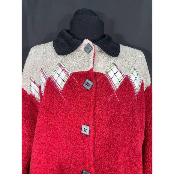 Vintage Woman's Teddi Red Fleece Jacket, Button Up, Quilted Diamonds, Pockets - Picture 3 of 8